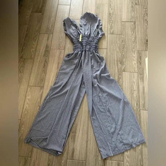 Max Studio|Blue Polka Dot Women's Wide leg jumpsuit w smocking•••NWT,Boho style - Picture 7 of 15